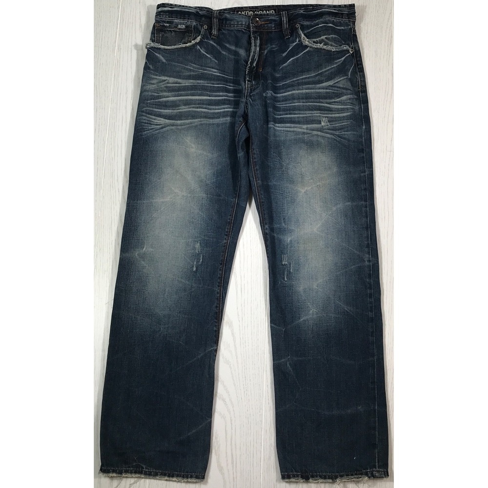 Akoo Hip Hop Jeans Men 38x32 Faded Dark Blue Whiskered Relaxed Mid Rise Urban